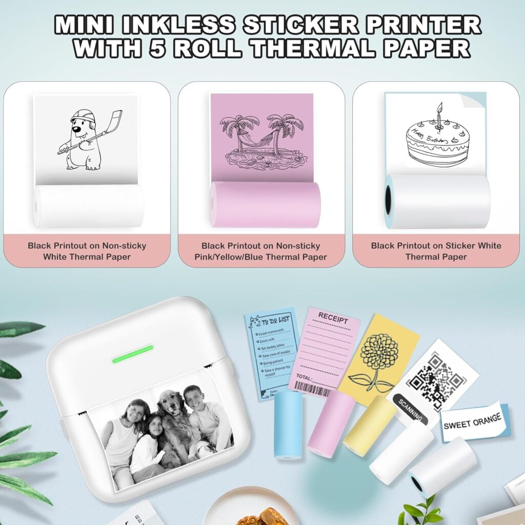 Inkless Sticker Printer, Mini Pocket Printer with 5 Rolls Printing Paper for Android or iOS APP, Portable Bluetooth Inkless Printer Gift for Kids, Friends, Thermal Printer for Photo Journal Notes Memo