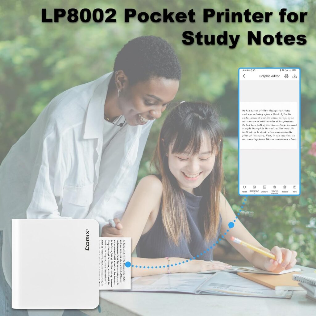 Comix Mini Printer LP8002 Bluetooth Inkless Printer,Portable Mobile Phone Picture Printer,Thermal Label Maker Compatible with iOS  Android, for Home,Business with 1 Pack White Printing Paper…