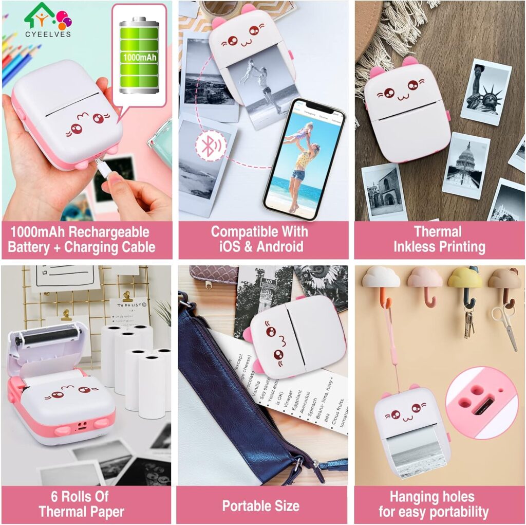 Cyeelves Mini Printer Portable, Pocket Thermal with 6 Rolls Paper Compatible iOS Android, Bluetooth Wireless Smart for Photo Picture Office Receipt QR Code Label List Note Inkless Printing
