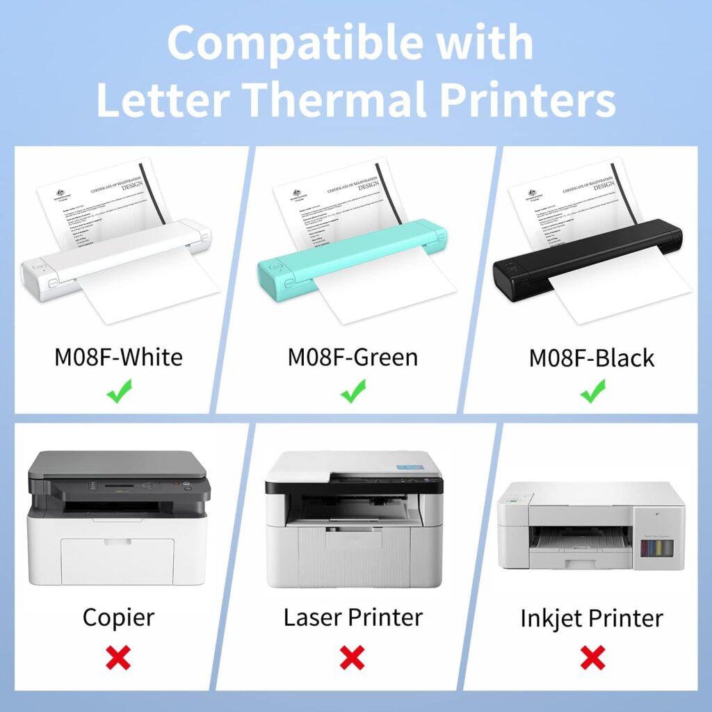 Itari Portable Printer Wireless for Travel, [New] M08F-Letter Bluetooth Mobile Printer Support 8.5 X 11 US Letter, No-Ink Thermal Compact Printer, with 1 Box of 100 Original Letter Thermal Papers