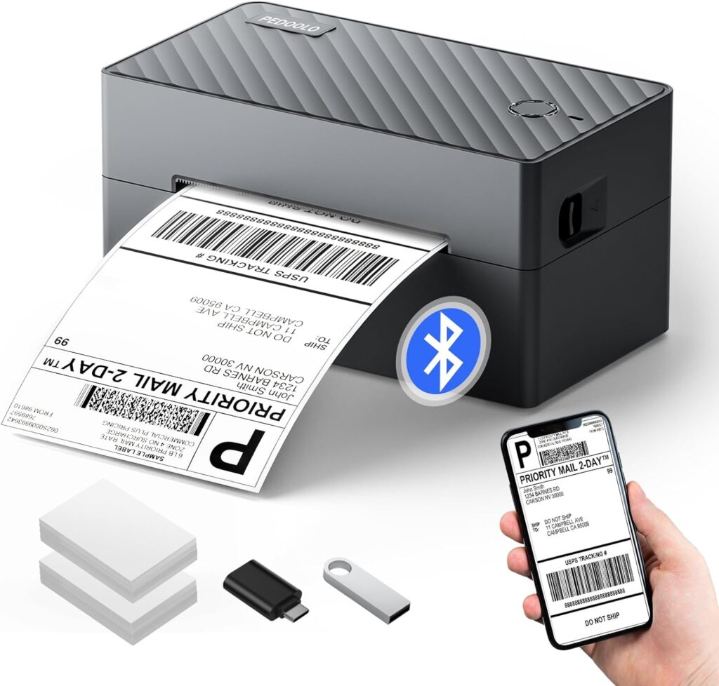 Label Printer, Bluetooth Shipping Label Printer, PEDOOLO 4x6 Thermal Printer for Shipping Packages, Compatible with Android, iOS, Windows, Mac, Chromebook, Amazon, Ebay, UPS, USPS, FedEx, Shopify