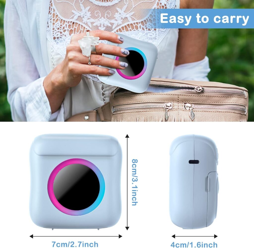 Mini Printer Portable for Smartphone, Wireless Thermal Printer Photo Printer with 7 Rolls of Paper, Inkless Pocket Printer Bluetooth Smart Printer for Picture, Receipt Label, Note, QR Code Printing