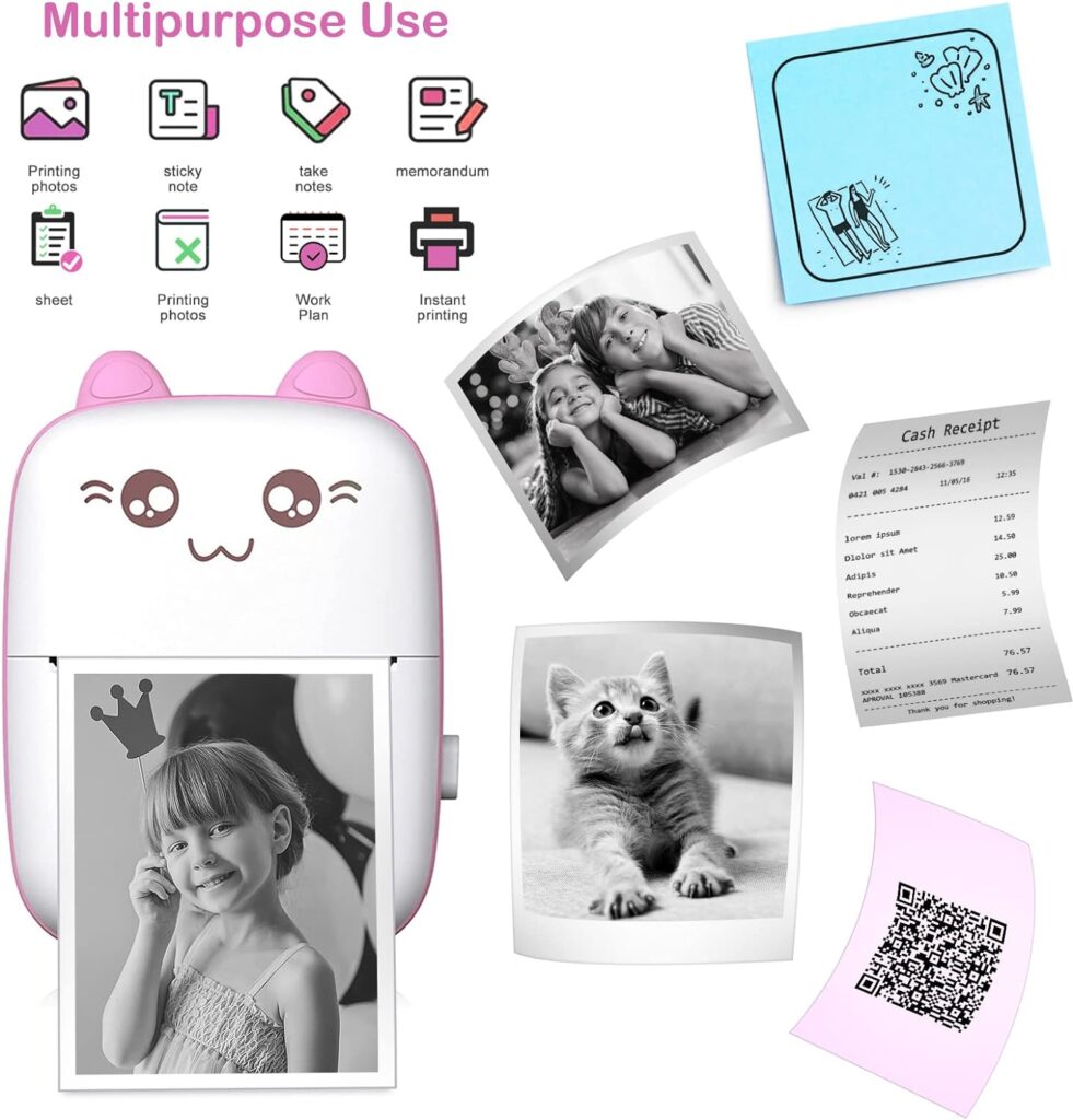 Mini Printer Portable, Pocket Thermal Printer with 7 Rolls Paper, Bluetooth Wireless Smart Printer for Photo Picture Office Receipt Label Note QR Code Inkless Printing with iOS Android APP (Pink)