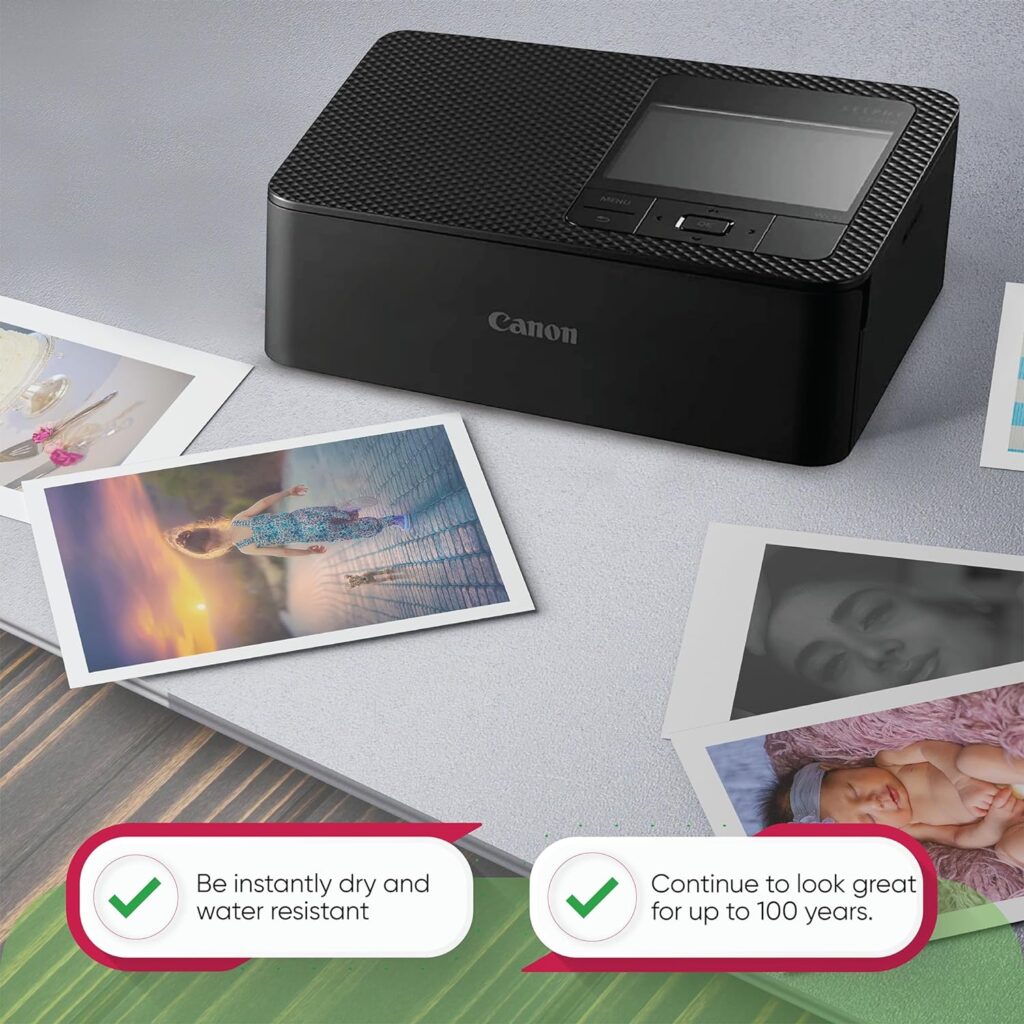 NEEGO Canon SELPHY CP1500 Wireless Compact Photo Printer (Black) -108 Color Ink Paper Set (108 Sheets of 4 x 6 Paper) Printer Cable Print Protector (100 Pack)