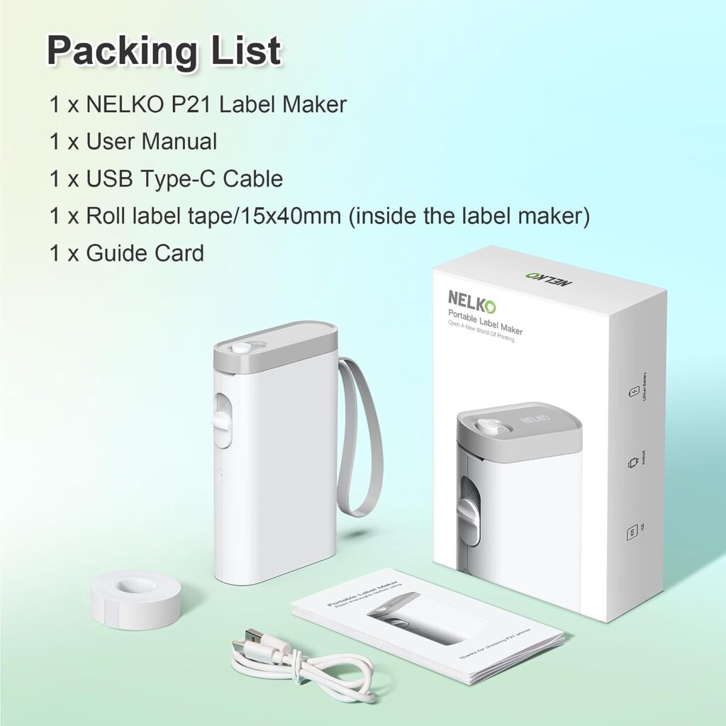 NELKO Label Maker Machine with Tape, P21 Portable Bluetooth Label Printer, Wireless Built-in Cutter Sticker Maker Mini Label Makers with Multiple Templates for Organizing Storage Office Home, White