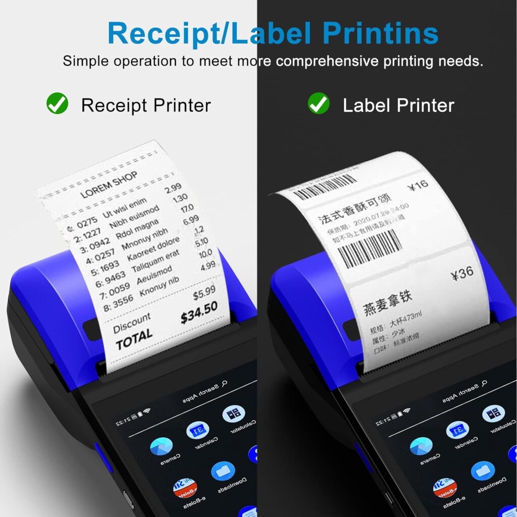 PDA POS Receipt Printer 58mm Thermal Printer with Android 8.0 OS 5.5 inch Touch Screen.Scan 1D/2D/QR barcodes. Support 4G:FDD-LTE,TD-LTE 3G: WCDMA 2G: GSM,GPRS Hot spot Bluetooth 3GB Ram +16GB ROM