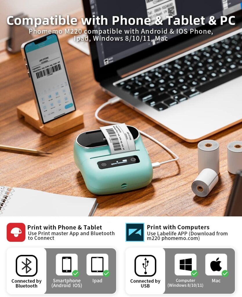 Phomemo Label Maker, M220 Portable Label Maker, Bluetooth Wireless Inkless Label Printer, 3 Inch Barcode Printer, Great for Home, School  Office, Compatible with Phone, PC, with 3 Label