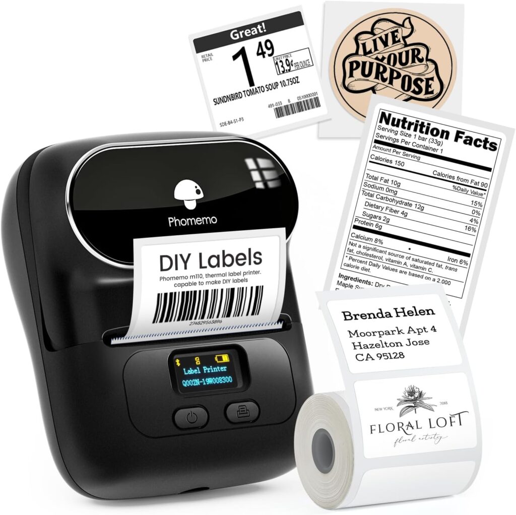 Phomemo Thermal Label Maker, Barcode Printer, M110 Upgraded Label Printer Bluetooth No Ink Portable, for Small Business, Address, Office, Home for Phone; for PC/Mac(USB), with 100 Labels, Ebony Black