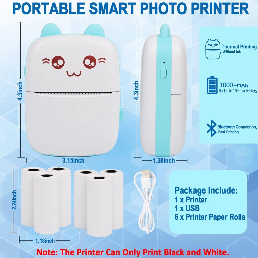 Portable Printer, Mini Pocket Wireless Bluetooth Thermal Printers with 6 Rolls Printing Paper for Android iOS Smartphone, BT Inkless Printing Gift for Label Receipt Photo Notes Study Home Office, Blue