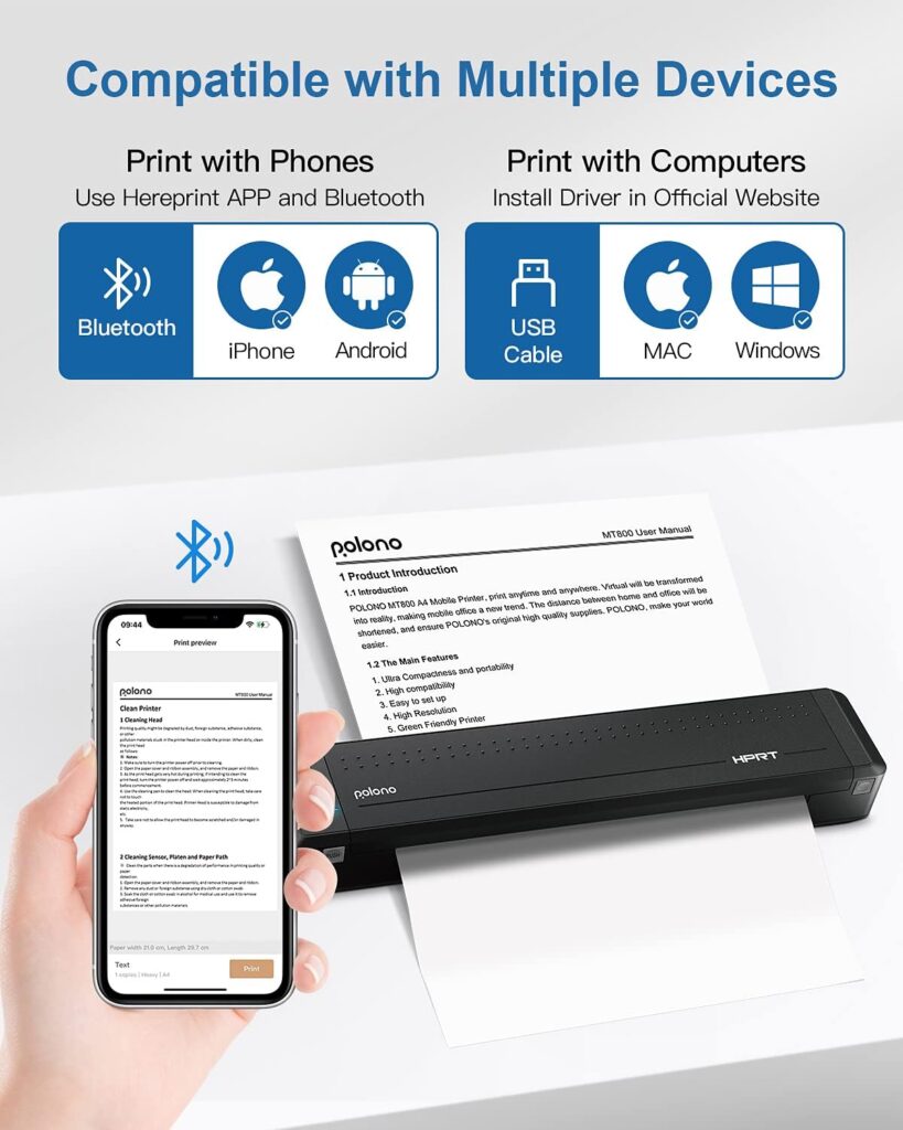 Portable Printer, POLONO MT800 2.0 Wireless Bluetooth Thermal Printer, Support 8.5 X 11 US Letter, Compatible with Android and iOS, Mobile Thermal Transfer Printer for Travel, Mobile Office and Home