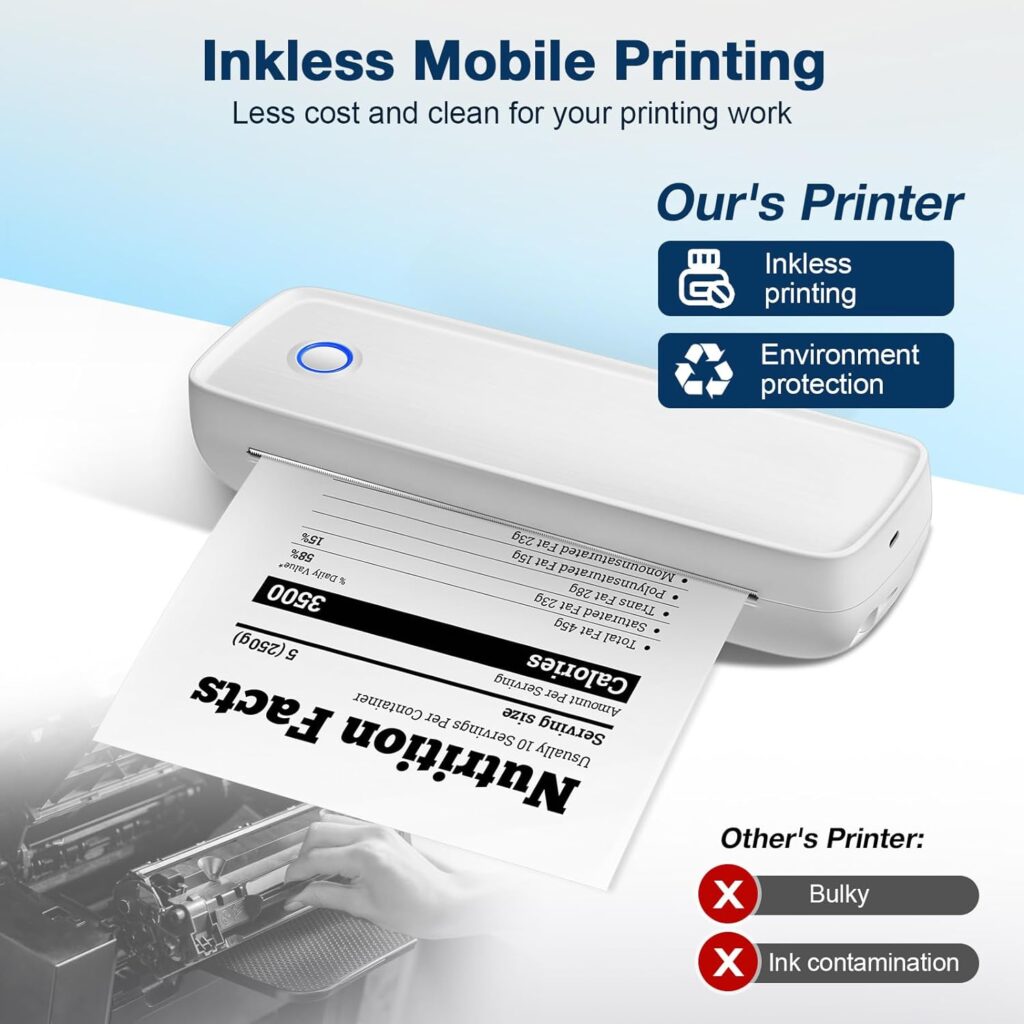 Portable Printers Wireless for Travel, Inkless Thermal Printer Supports A4 Paper (8.3*11.7) for Mobile Monochrome Prints, Bluetooth Smart Printer Compatible with Android iOS Phones  Laptops