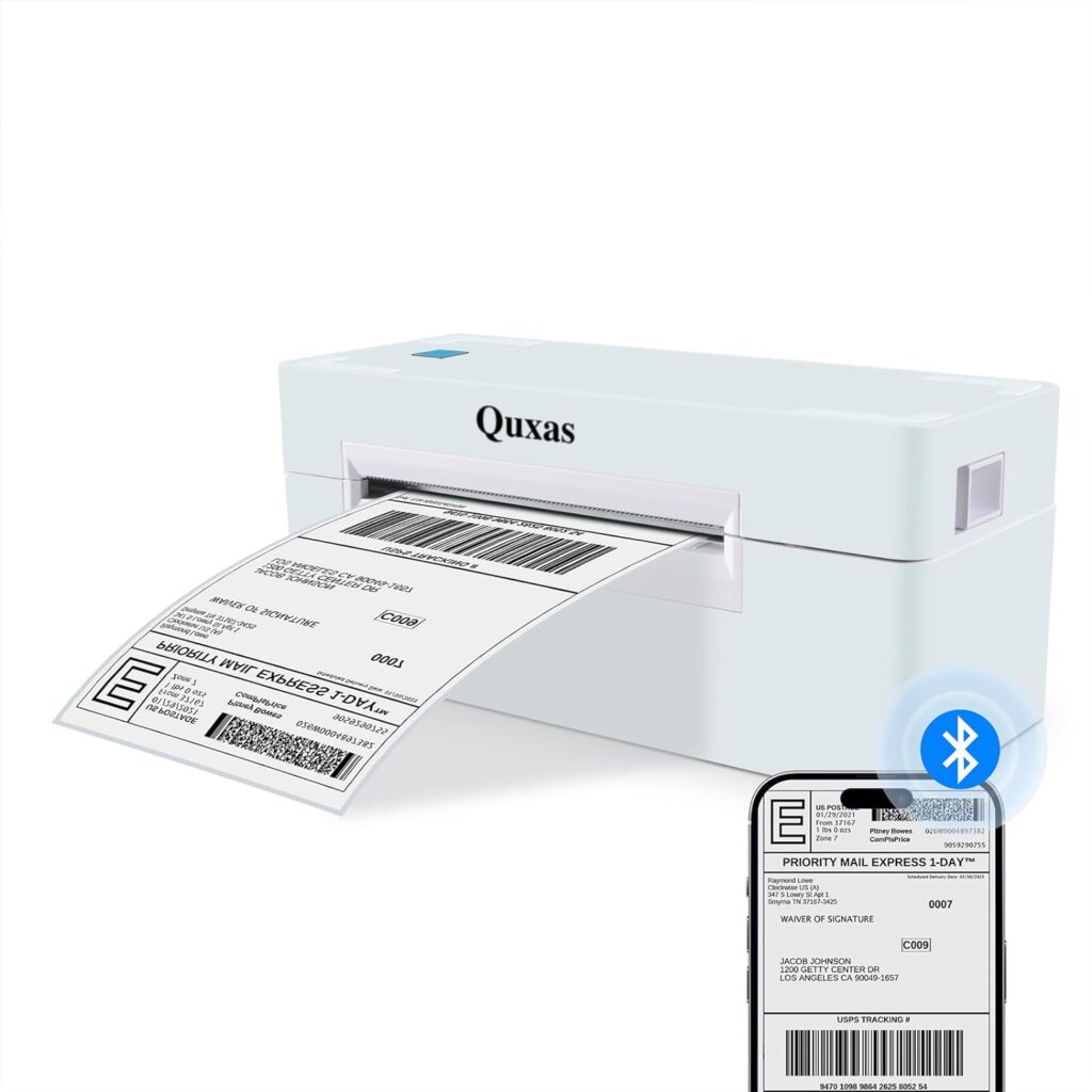 Quxas Bluetooth Thermal Shipping Label Printer 4X6 Lable Inkless Printer Portable Printer Compatible with Android, iPhone and Windows, Used for Ebay, Amazon, Shopify, Etsy, USPS
