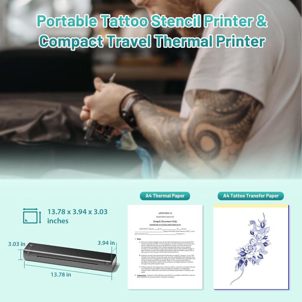 Tattoo Stencil Printer, M08F-A4 Portable Tattoo Printer Machine, Bluetooth Stencil Printer for Tattooing, Stencil Maker with 10pcs Transfer Paper, Wireless for Phone  PC, for Tattoo Studio, Offfice