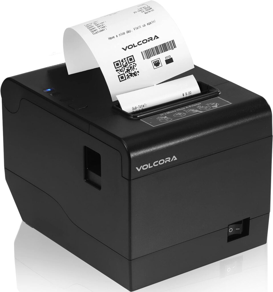 Volcora Thermal Receipt Printer, 80mm USB/Ethernet POS QR Code Printer w/Auto Cutter for Cash Drawer/ESC/POS, Compatible w/Android/Windows/iOS, Retailer and Restaurant Kitchen Use, Wall Mount, Black
