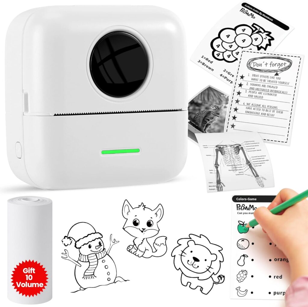 ZERNBER X5 Mini Printer Sticker Printer, Portable Inkless Black and White Thermal Bluetooth Sticker Printer for Pictures, Notes, Kids DIY Gifts (Free 10 Rolls of Printing Paper) White