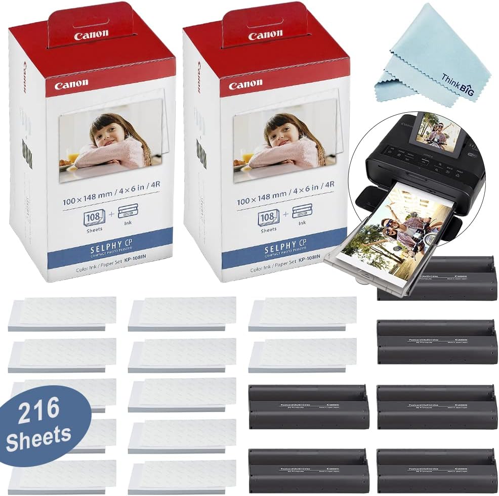 Canon SELPHY CP1300 Compact Photo Printer White + 2X KP-108IN Color Ink  Paper Set 216 Sheets Value Bundle with USB Cable + More Accessories Kit - International Version