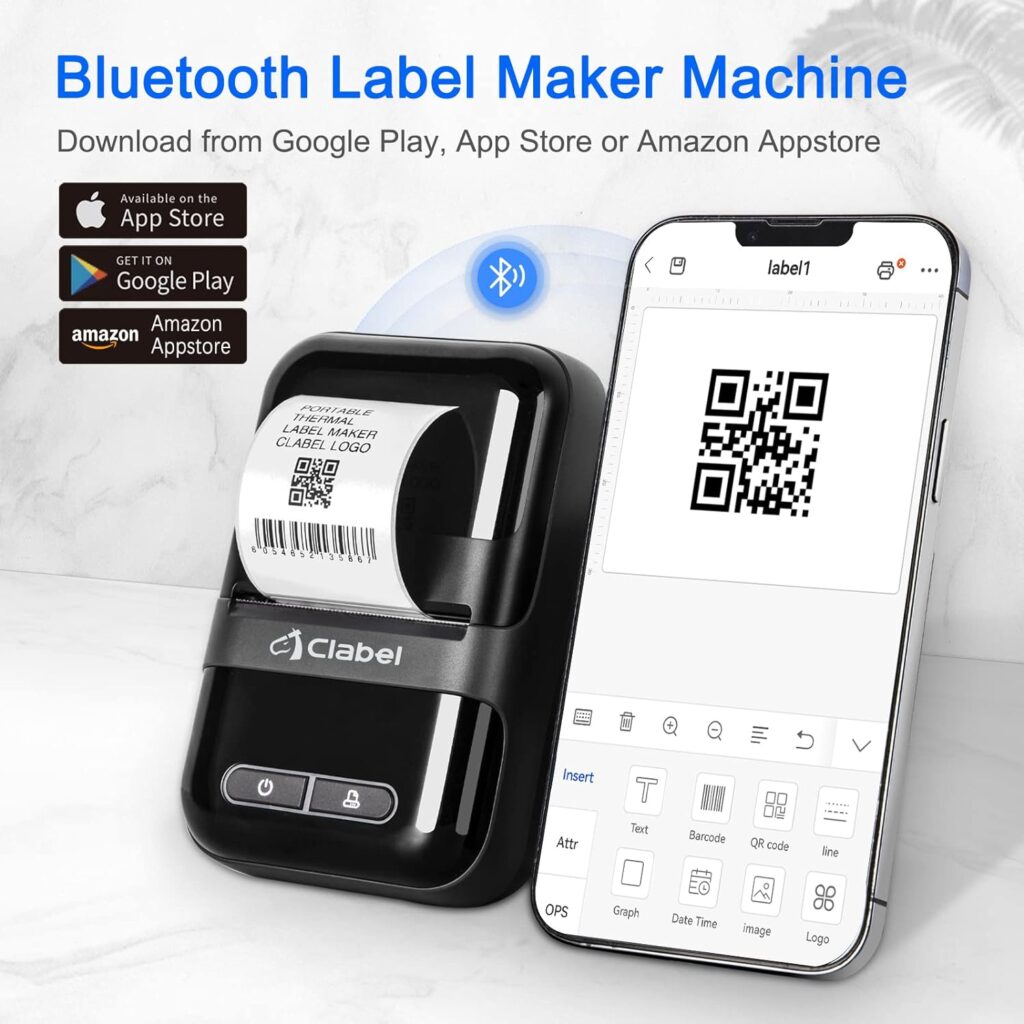 CLABEL Label Maker Machine, 220B Portable Barcode Label Printer, Portable Thermal Bluetooth Label Maker for Barcode, Retail, Address, Clothing, Compatible with Android, iOS  PC, Black