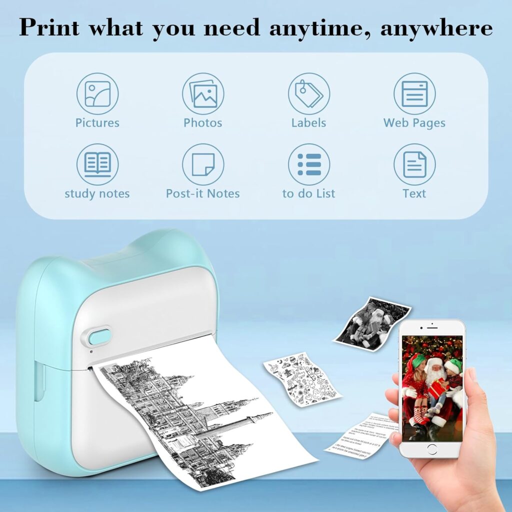 FasionMior Mini Printer Sticker Maker, Portable Thermal Sticker Printer, Bluetooth Inkless Pocket Printer Compatible with iOS  Android, Inkless Printer Mini with 10 Rolls Paper  5 Color Pens