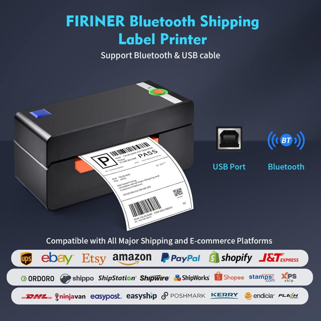 FIRINER Bluetooth Shipping Label Printer 4x6 Thermal Label Printer Wireless High Speed Desktop Label Printer Portable for Windows, Mac, Smartphone, Amazon, Shopify, UPS, USPS
