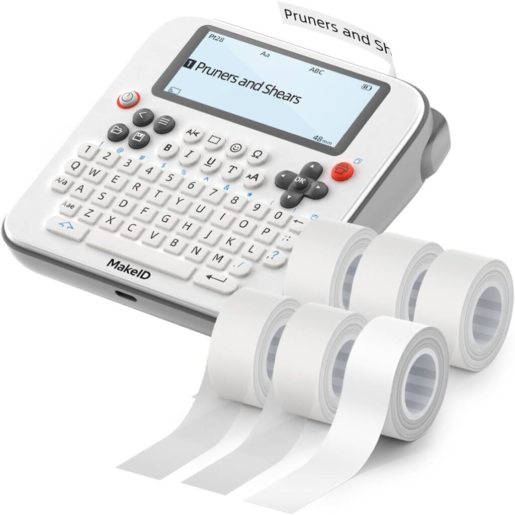 Makeid E1 Portable Label Maker with 6 Tapes - Bluetooth Compatible Thermal Printer - QWERTY Keyboard, 4.42 LCD Screen - Prints 9mm, 12mm, 16mm Waterproof Sticker Labels - Includes Tape, USB Cable