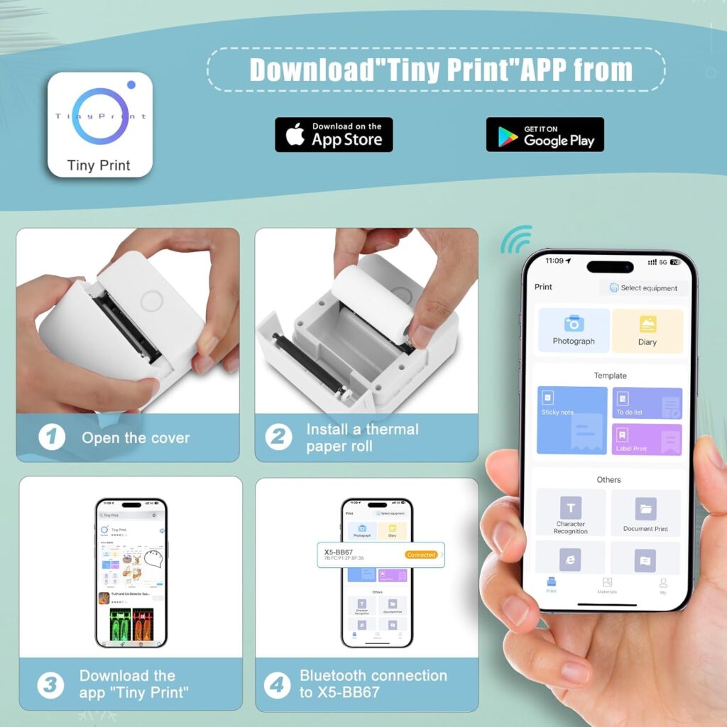 Mini Pocket Bluetooth Printer-Portable Thermal Printer with 10 Roll Papers for Journal/DIY Scrapbook/Travel/Notes/Lists/Label/Memo, Receipt Printer for Children Women Gifts Kids Christmas iOSAndroid