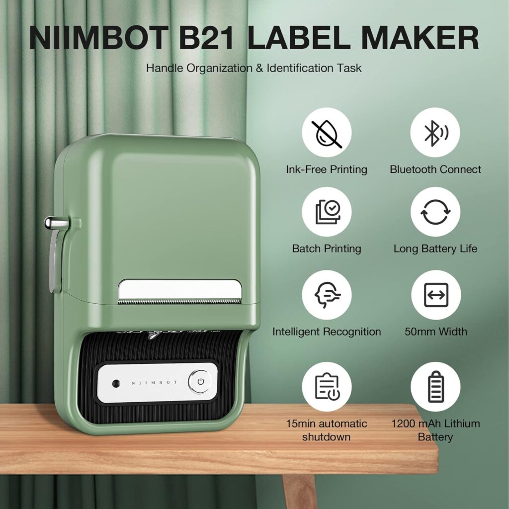 NIIMBOT B21 Inkless Label Maker, Portable Thermal Label Printer for Clothing, Address, Business, Compatible with iOS  Android, with 1 Pack 50x30mm White Label, Black