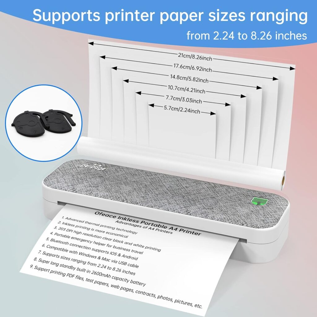 Ofeace Thermal Printer, A4 Portable Printer Supports 8.26x11.69 US Letter, Portable Printers Wireless for Travel, Inkless Bluetooth Printer Compatible with Android, iOS, Laptop