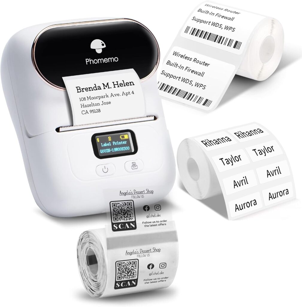 Phomemo M110 Label Printer - Bluetooth Portable Label Maker No Ink, Mini Barcode Label Printer for Retail, Address, Barcode, Home, for PC/Mac, iOS/Android with 3pack Most Used Labels, Snow White