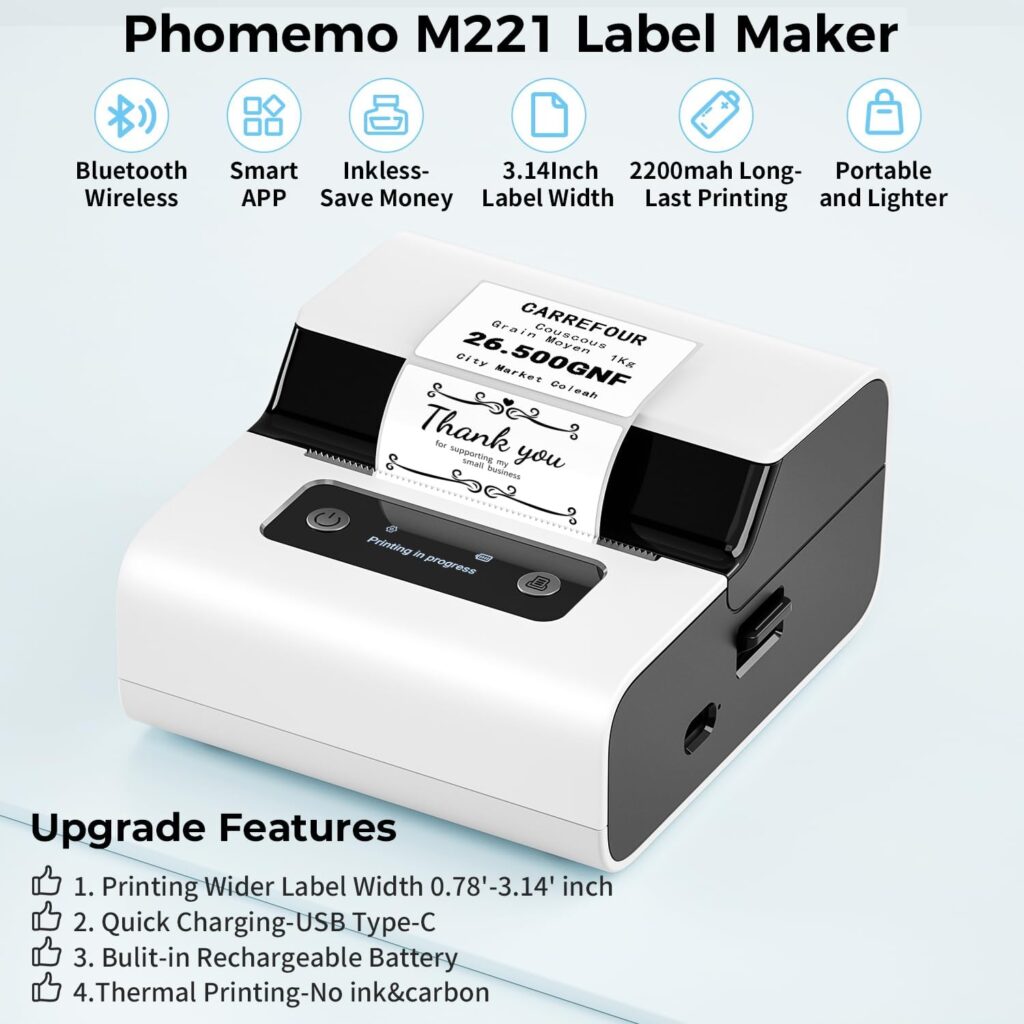 Phomemo M221 White Label Maker with 3 Roll 2.75x2.75(70x70mm) Round Labels, Bluetooth Thermal Label Printer for Jars, Logo Desgin, Baking, Product Ingredient Labels, Portable Label Maker Machine