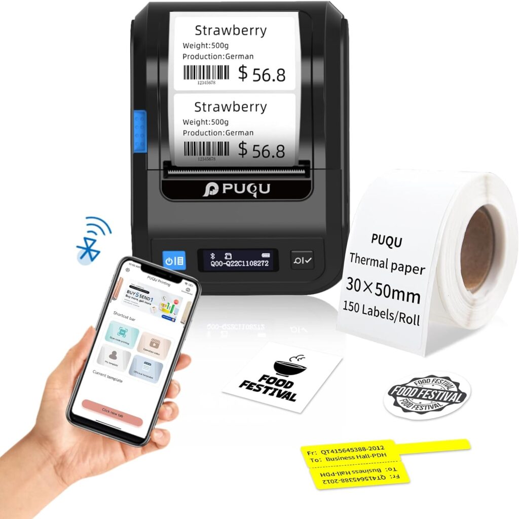 PUQU AQ20 Label Maker with 30mmx50mm, 2 Inch Portable Bluetooth Thermal Label Printer, Waterproof Mini Wireless Handheld Label Makers, Compatible with iOS Android, Phone