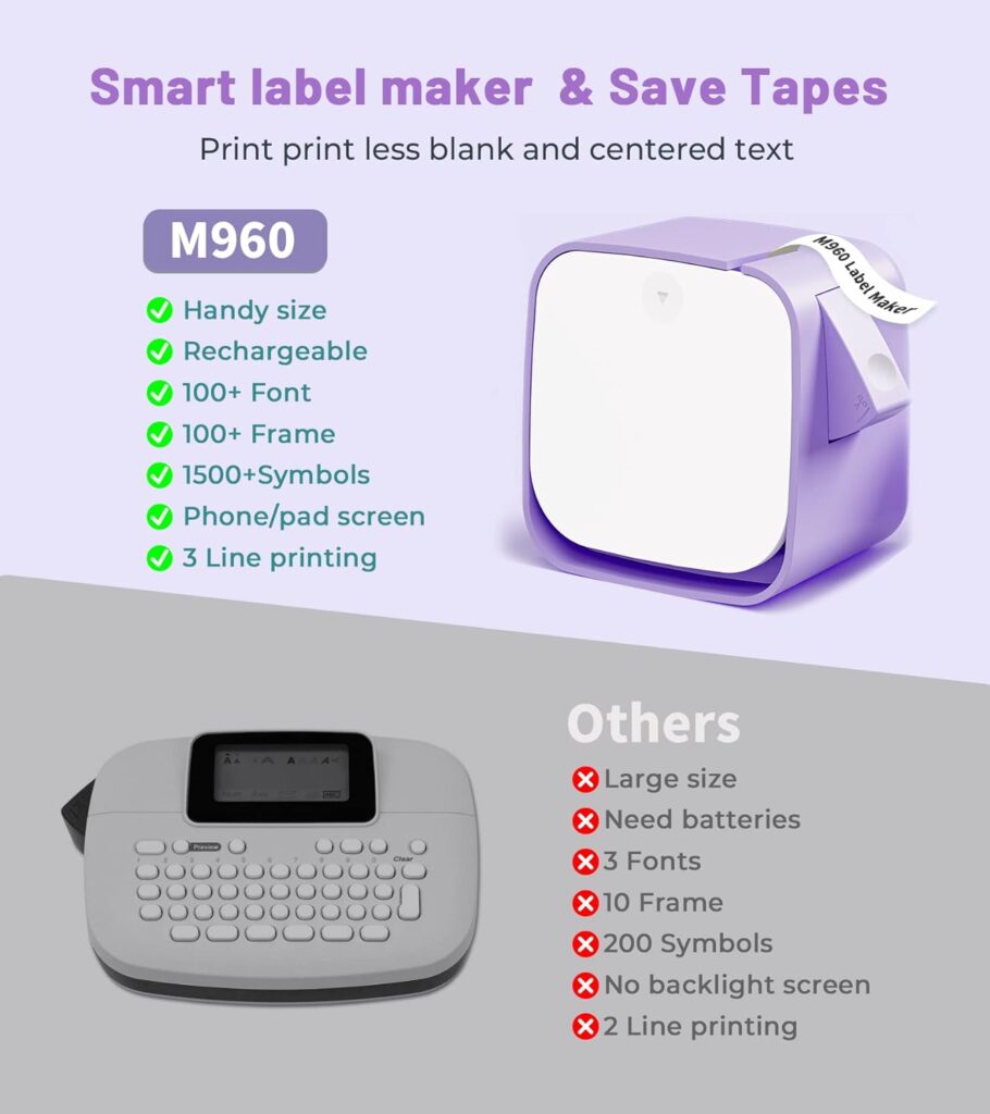Vixic Label Maker Machine with Tape - M960 Label Maker - Bluetooth Portable Label Maker Machine with Difference Fonts Compatible with iOS Android for Home School Office Bottle Jar Name Labels Purple