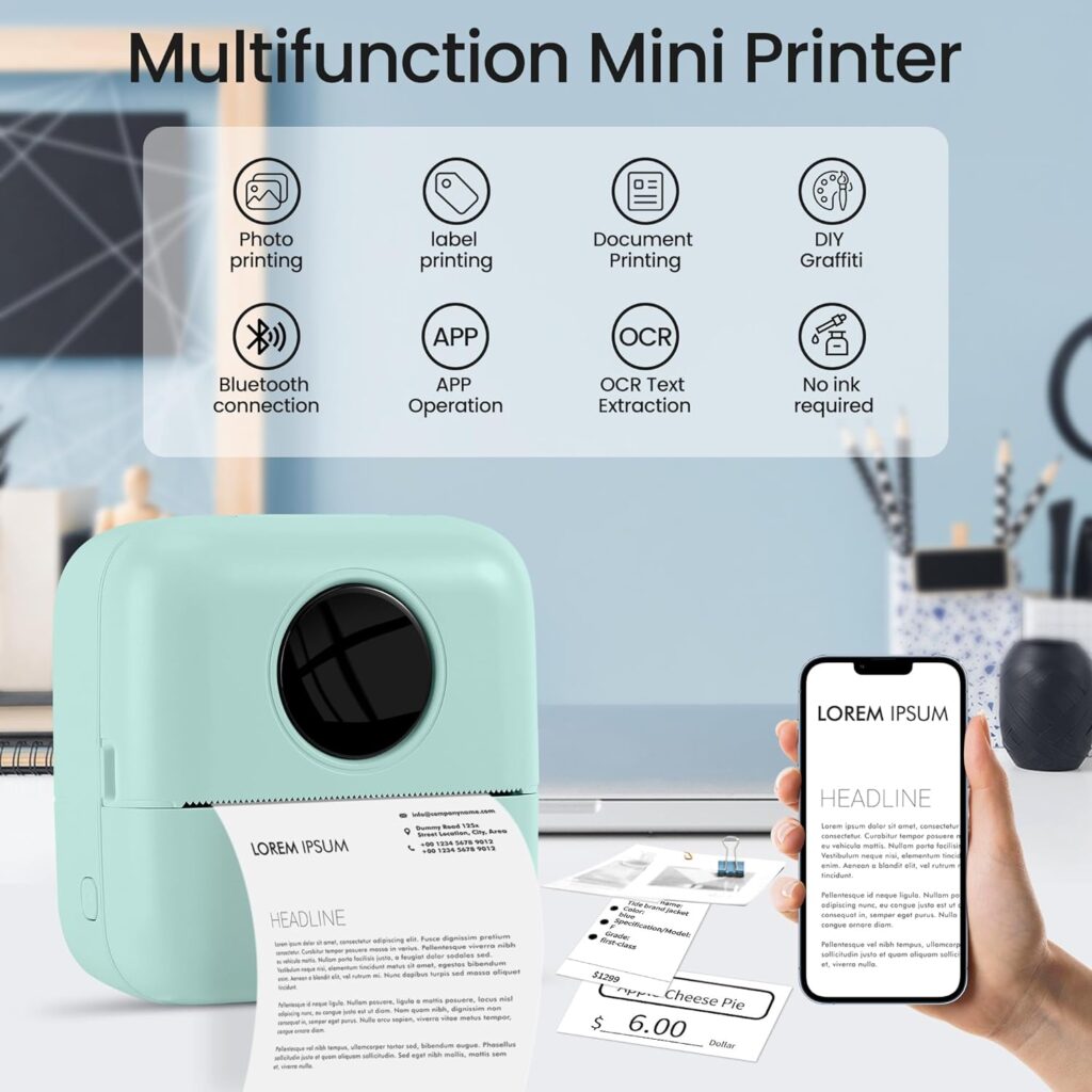 ZERNBER X5 Mini Printer Sticker Printer, Portable Inkless Black and White Thermal Bluetooth Sticker Printer for Pictures, Notes, Kids DIY Gifts (Free 10 Rolls of Printing Paper) Blue…